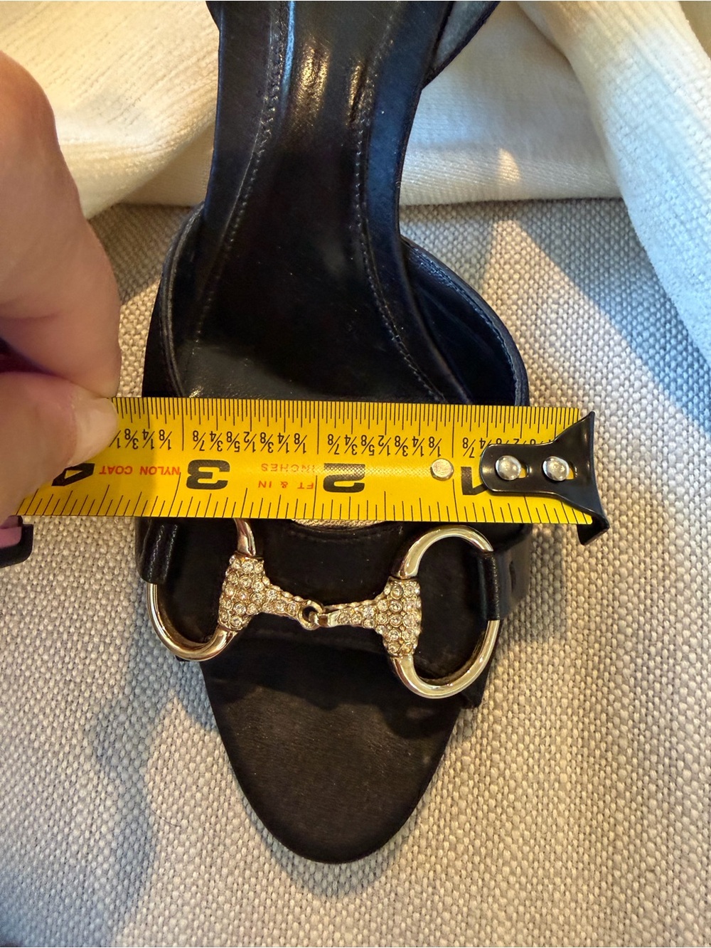 Gucci Black Satin Open-Toe Heels with Gold Crystal Horsebit - Picture 9 of 9